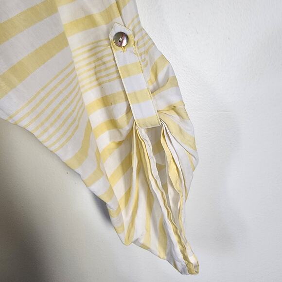 Chicos Shirt Women 2 US Large Button Yellow White Stripe Cotton Long Roll Sleeve - Picture 6 of 10